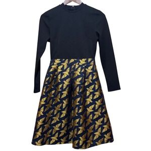 METISU Black Gold Blue Dove Print A-Line Pleated Long Sleeve Dress Sz M